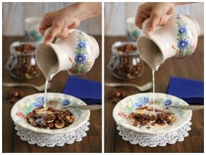 Granola de chocolate echando leche