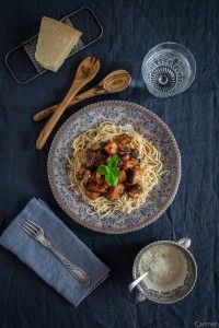 Linguini con berenjenas y setas plato